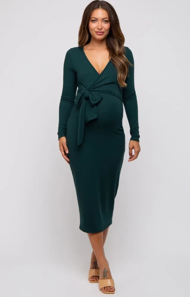 Forest Green Ribbed Long Sleeve Maternity Wrap Dress