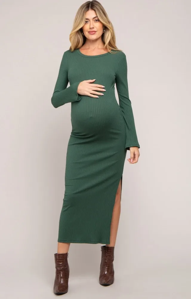 Forest Green Ribbed Side Slit Maternity Maxi Dress