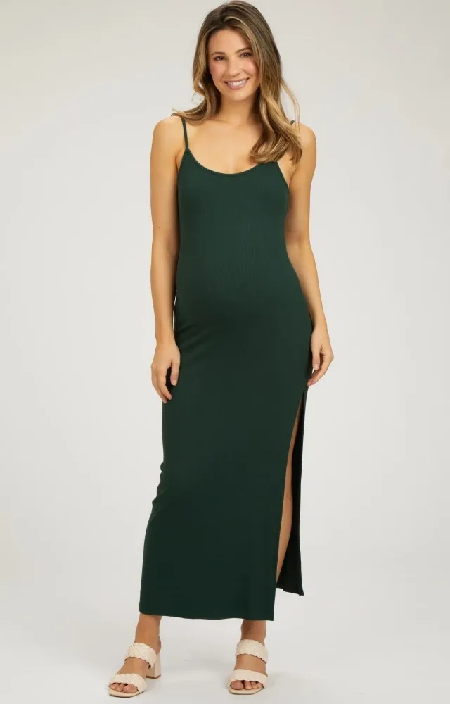 Forest Green Ribbed Sleeveless Side Slit Maternity Dress