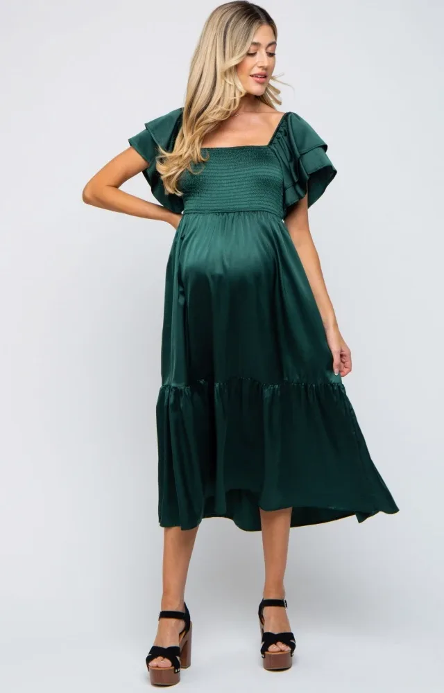 Forest Green Satin Flutter Sleeve Maternity Midi Dress