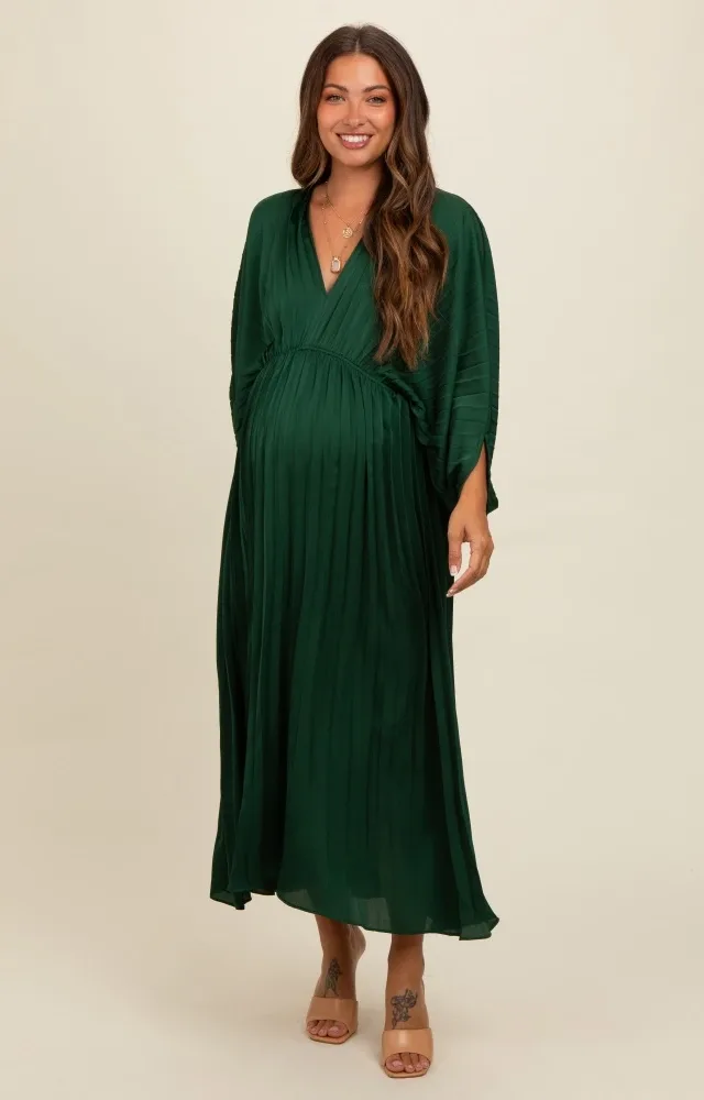 Forest Green Satin Pleated V-Neck Maternity Maxi Dress