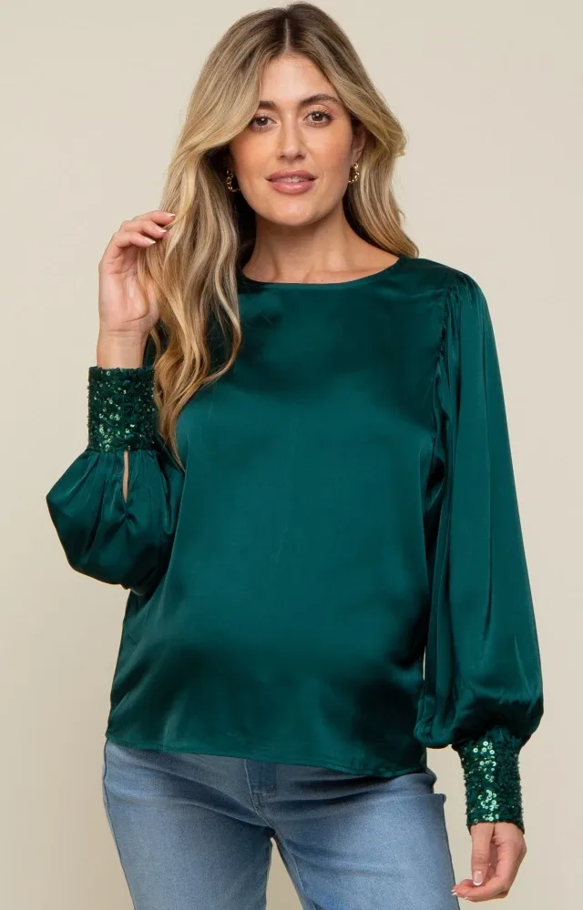 Forest Green Satin Sequin Cuff Maternity Blouse