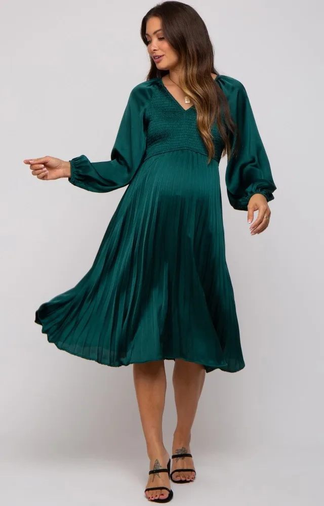 Forest Green Satin Smocked And Pleated Maternity Dress