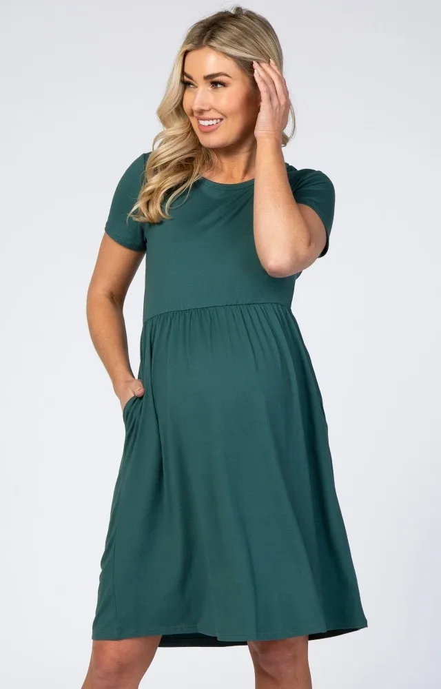 Forest Green Short Sleeve Babydoll Maternity Dress