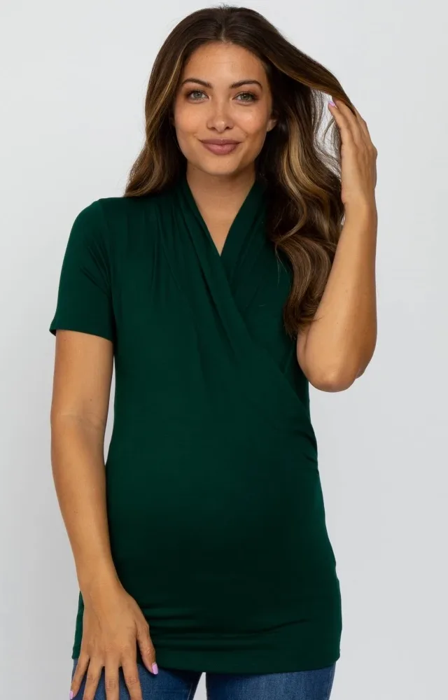 Forest Green Short Sleeve Wrap Front Maternity/Nursing Top