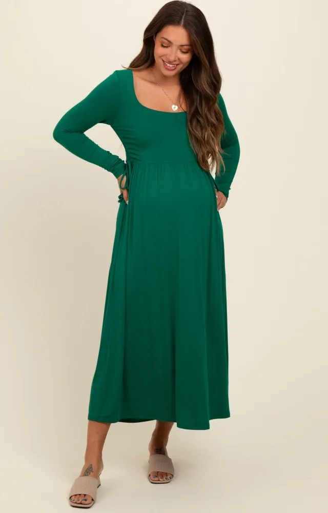 Forest Green Square Neck Long Sleeve Maternity Midi Dress