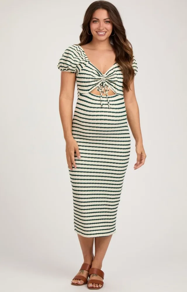 Forest Green Striped Drawstring Ruched Front Maternity Midi Dress