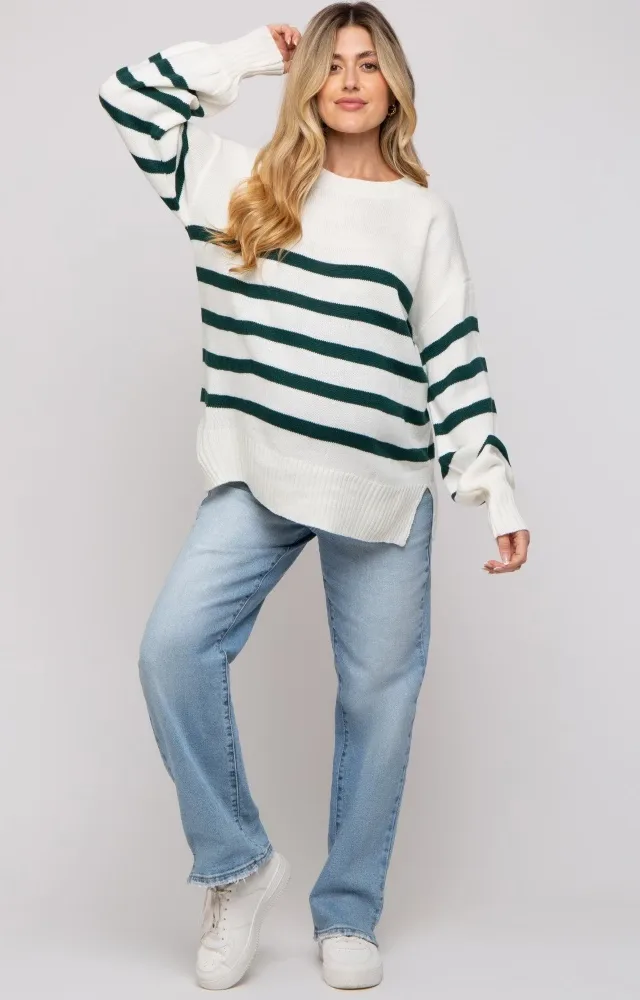 Forest Green Striped Oversized Side Slit Maternity Sweater