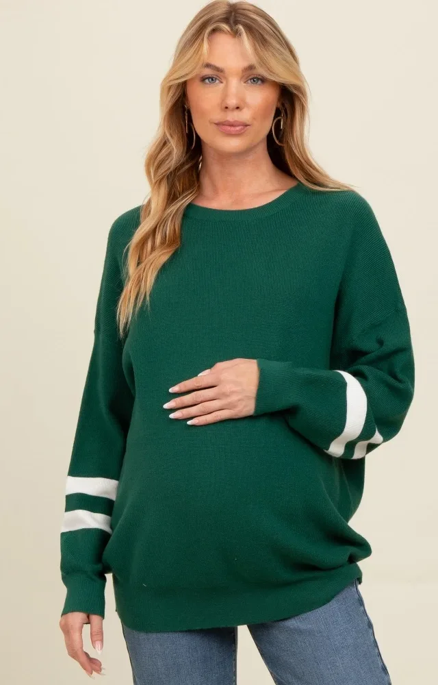 Forest Green Striped Sleeve Relaxed Fit Maternity Sweater