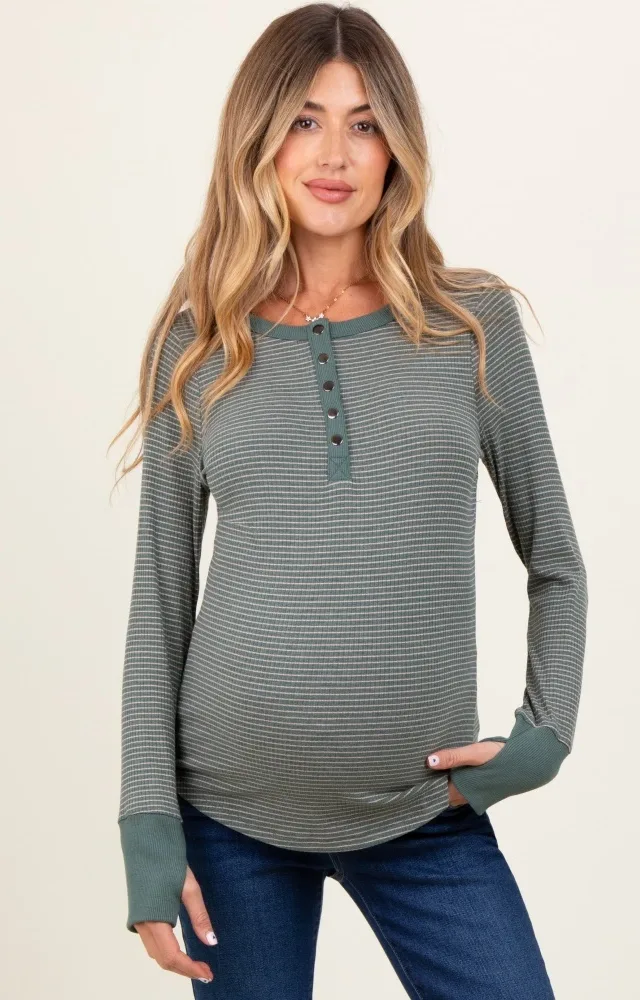 Forest Green Striped Snap Button Henley Maternity Top