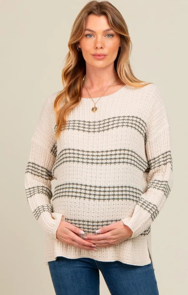 Forest Green Striped Waffle Knit Maternity Sweater