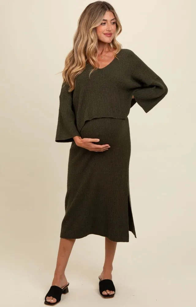 Forest Green Textured Knit Top And Midi Skirt Maternity Set