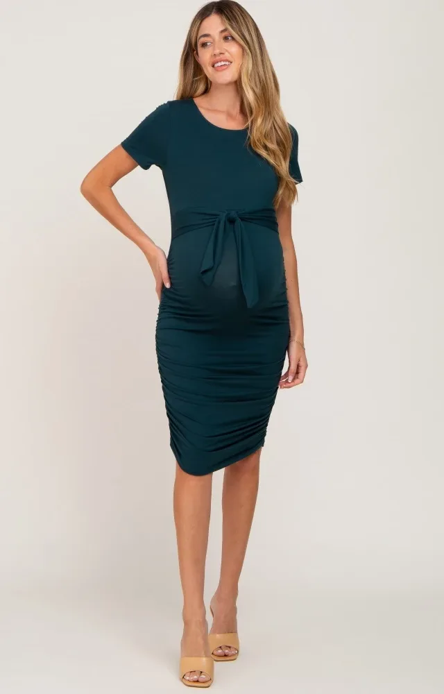 Forest Green Tie Waist Maternity Dress