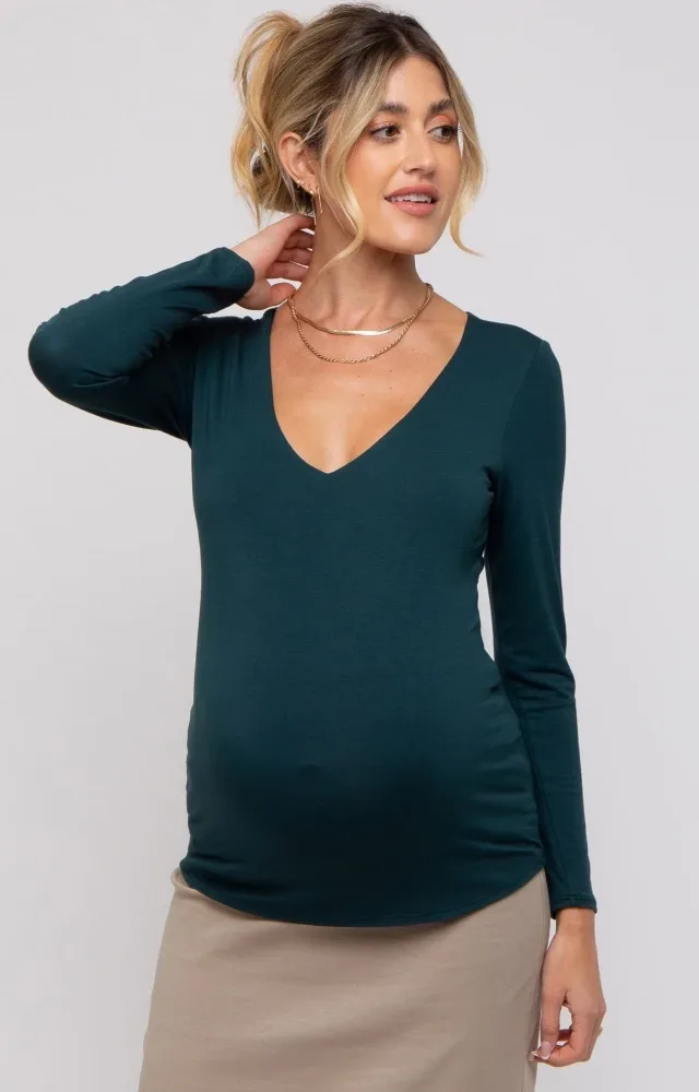 Forest Green V-Neck Long Sleeve Maternity Top