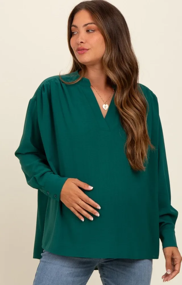 Forest Green V-Neck Maternity Oversized Blouse