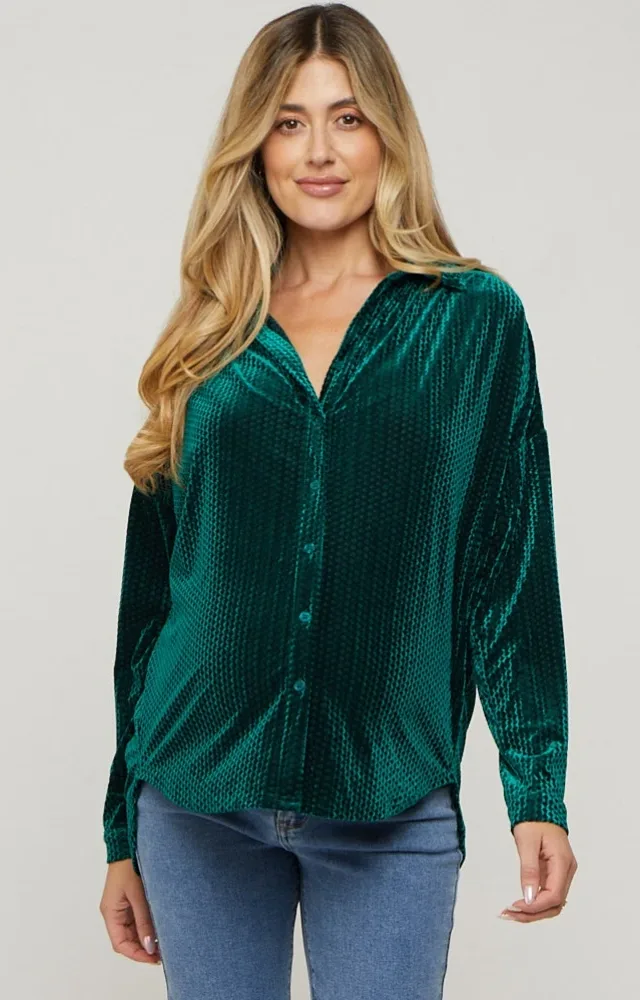 Forest Green Velvet Button Front Maternity Blouse