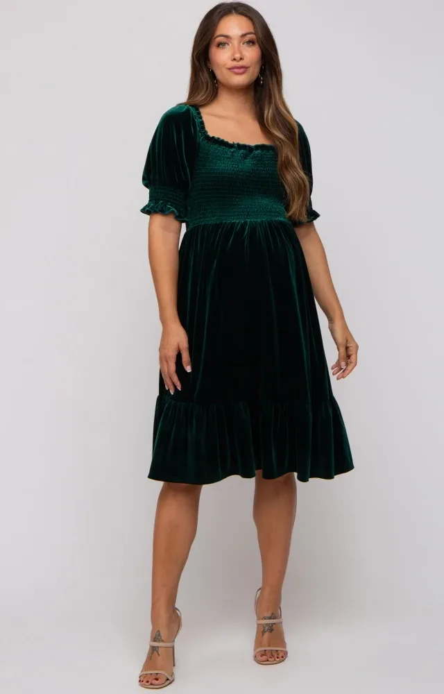 Forest Green Velvet Smocked Puff Sleeve Maternity Dress