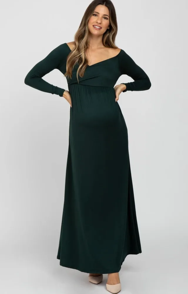 Forest Green Wrap Front Empire Waist Maternity Maxi Dress