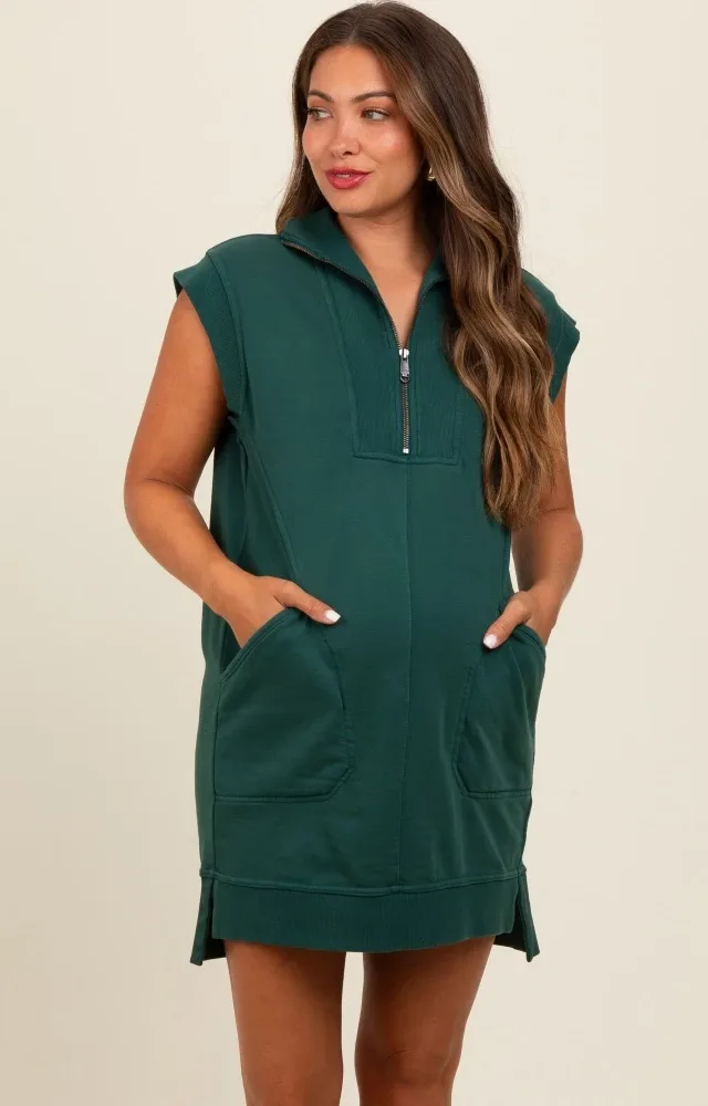 Forest Green Zip Up Hooded Maternity Sweatshirt Mini Dress