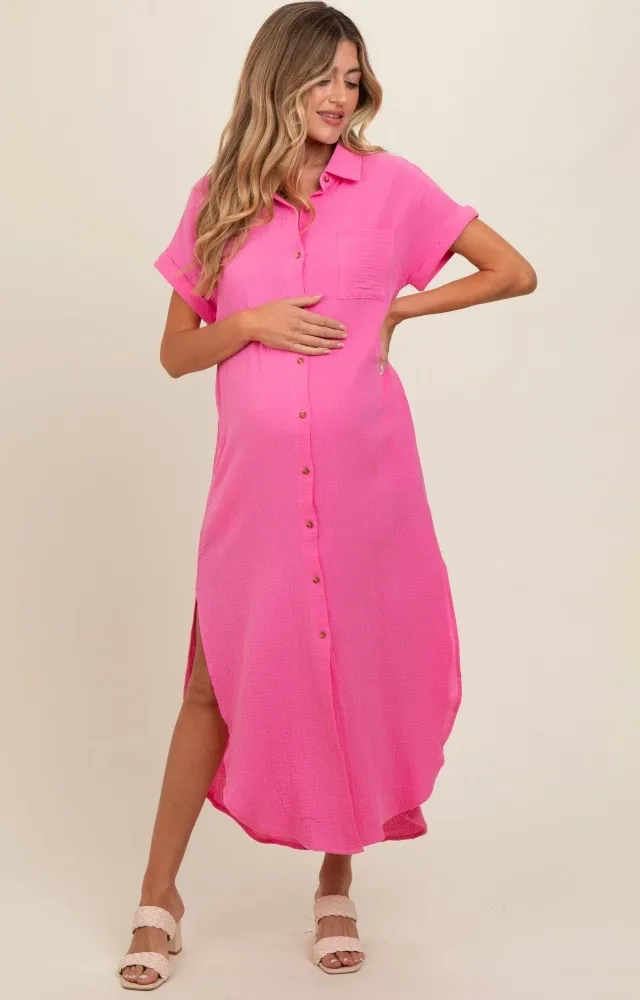 Fuchsia Button Down Maternity Midi Dress