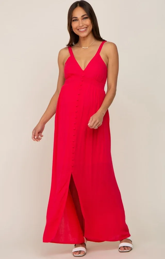 Fuchsia Button Front Accent Maternity Maxi Dress