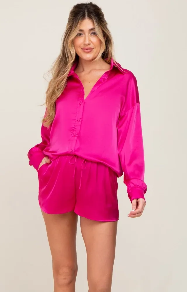 Fuchsia Button Up And Short Satin Maternity Set