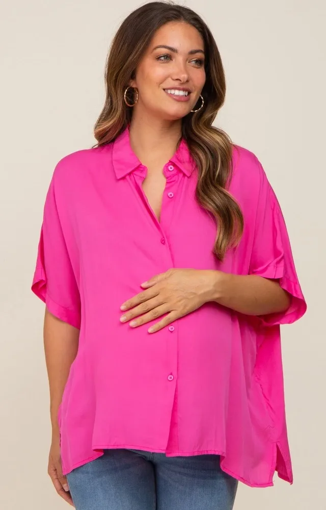 Fuchsia Button Up Dolman Short Sleeve Maternity Top