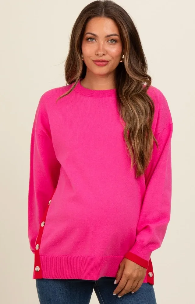 Fuchsia Button Up Side Detail Maternity Sweater