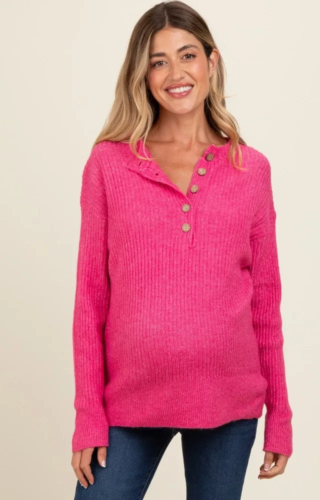 Fuchsia Buttoned Up Sweater Knit Maternity Top