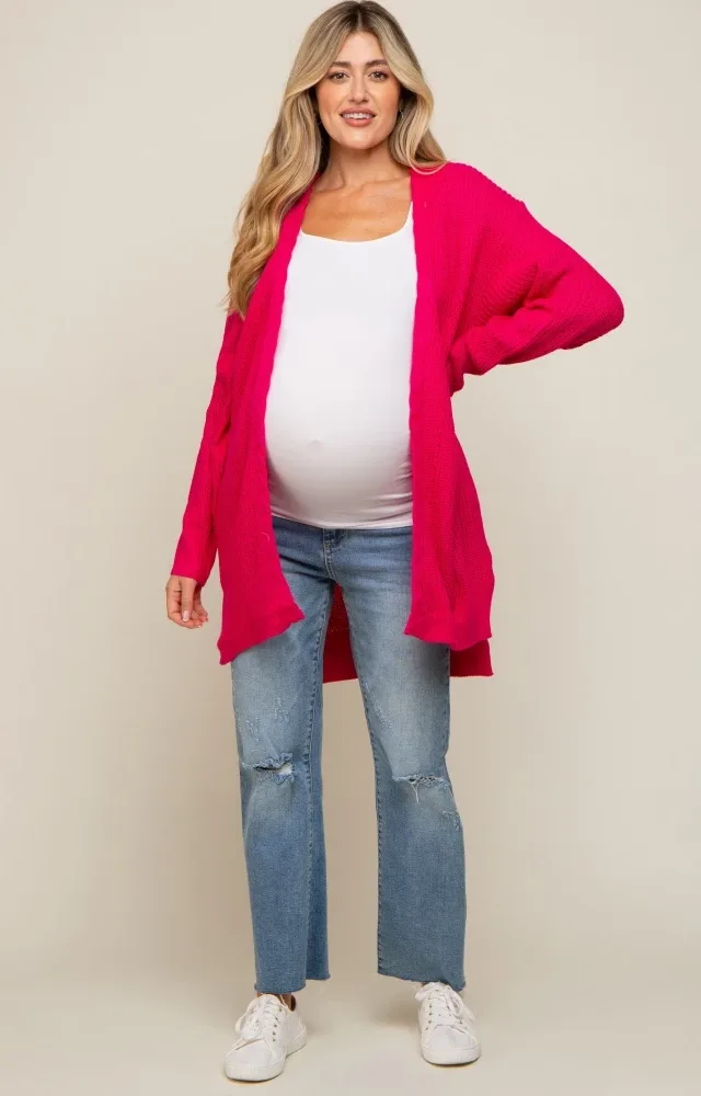 Fuchsia Cable Knit Accent Maternity Cardigan