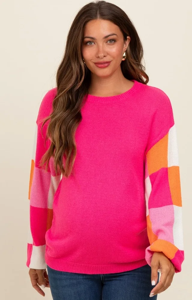 Fuchsia Checker Sleeve Maternity Sweater