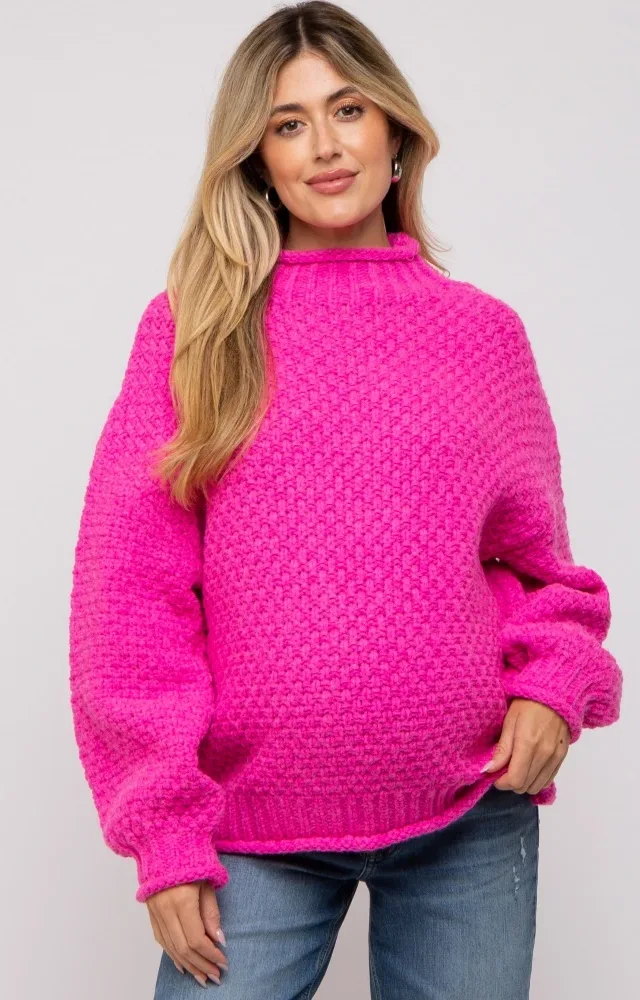 Fuchsia Chunky Knit Mock Neck Maternity Sweater