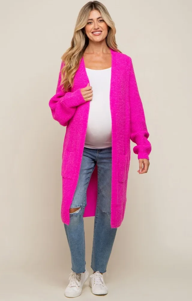 Fuchsia Chunky Waffle Knit Maternity Cardigan