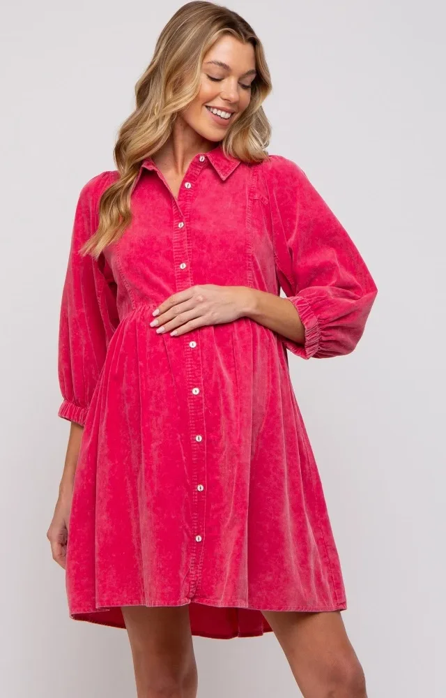 Fuchsia Corduroy Button Down Collared Maternity Dress