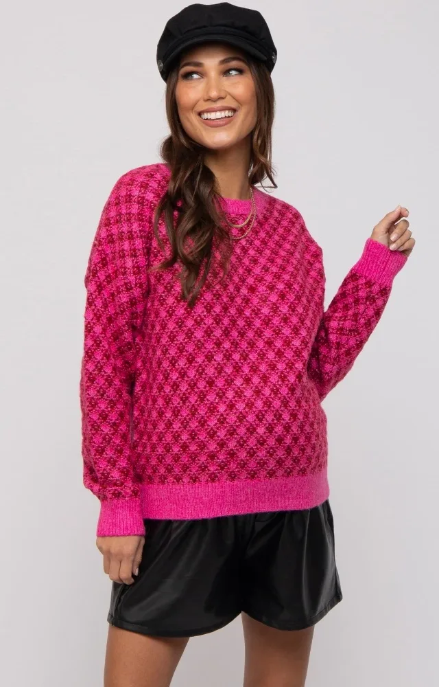 Fuchsia Diagonal Houndstooth Maternity Sweater