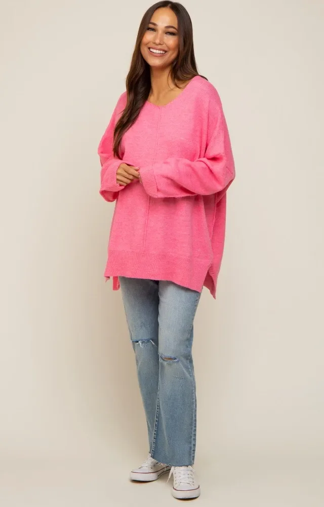 Fuchsia Dolman Sleeve Side Slit Maternity Sweater