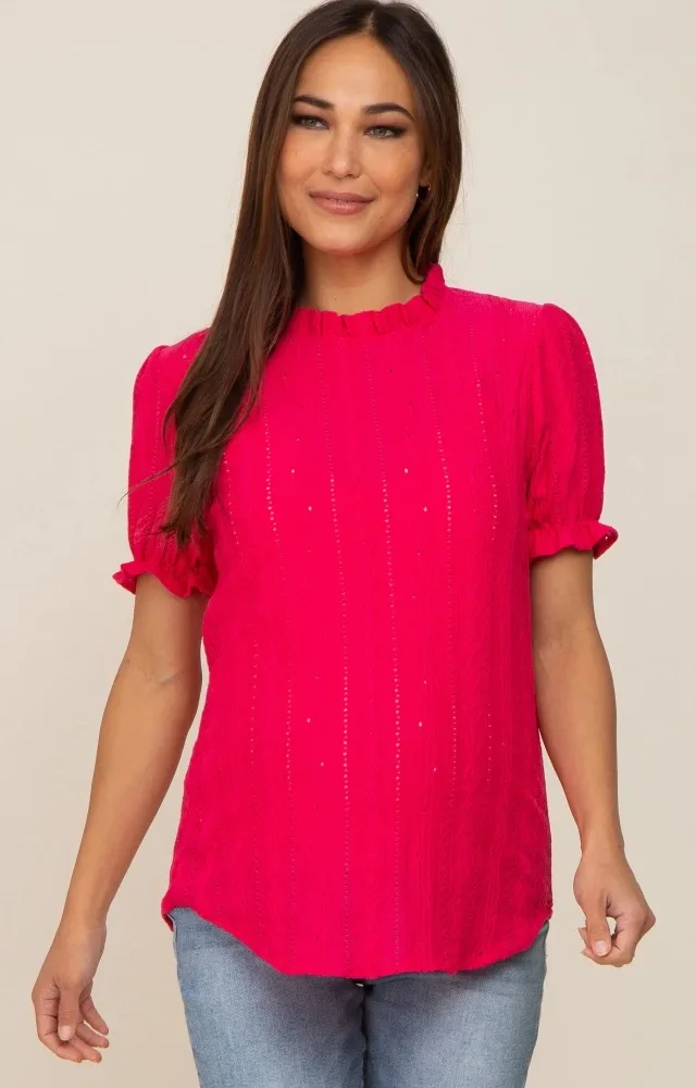 Fuchsia Eyelet Textured Mock Neck Maternity Top