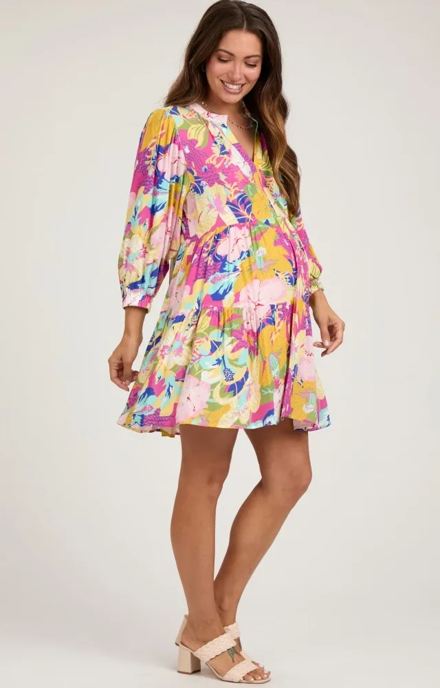 Fuchsia Floral 3/4 Length Sleeve Maternity Dress