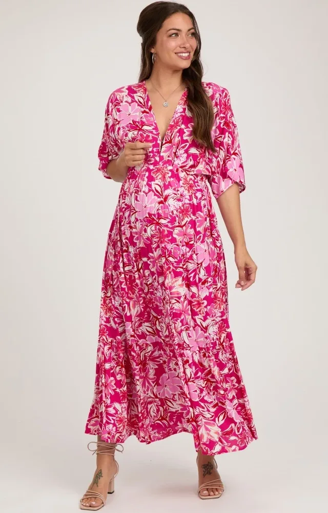 Fuchsia Floral Dolman Sleeve Tiered Maternity Dress