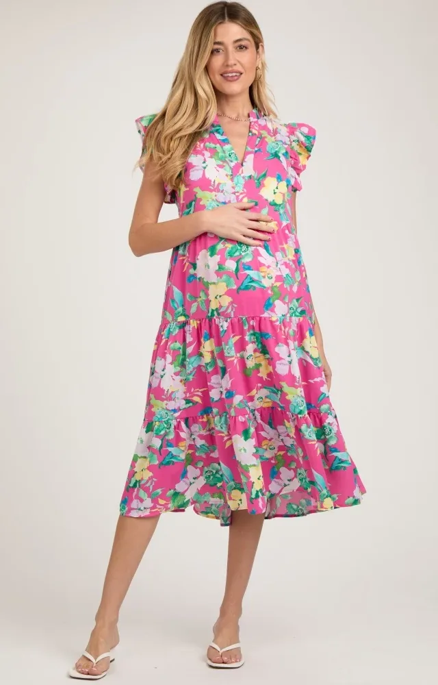 Fuchsia Floral Ruffle Tiered Maternity Dress