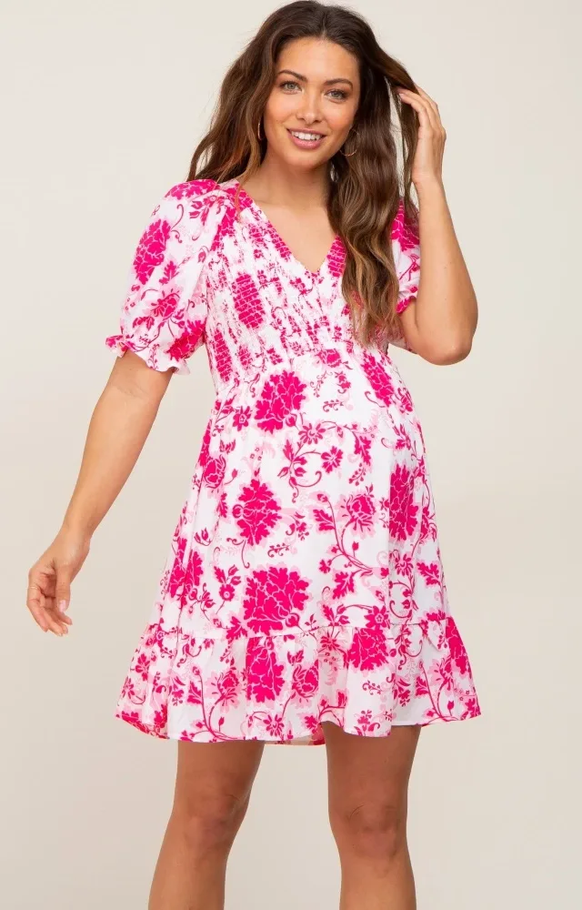 Fuchsia Floral Smocked Puff Sleeve Maternity Dress