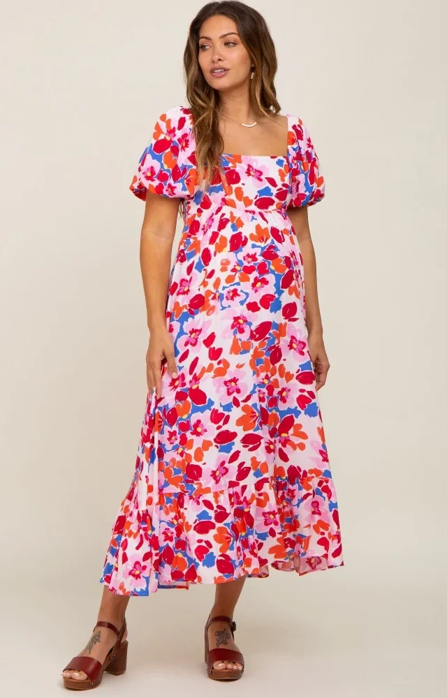 Fuchsia Floral Square Neck Short Puff Sleeve Maternity Midi Dress