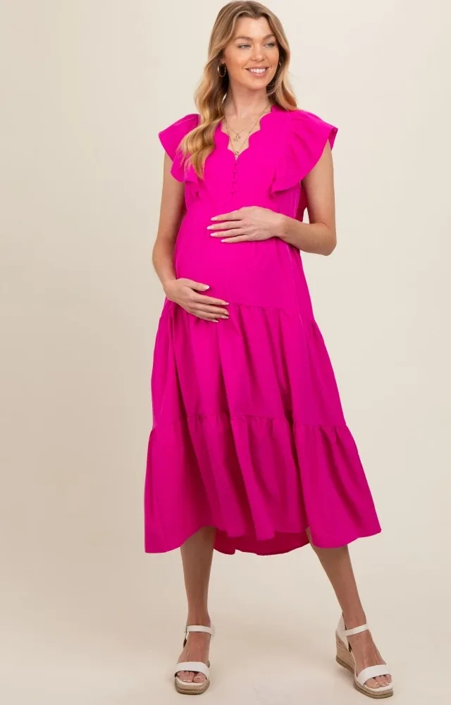 Fuchsia Flutter Sleeve Tiered Maternity Midi Dress