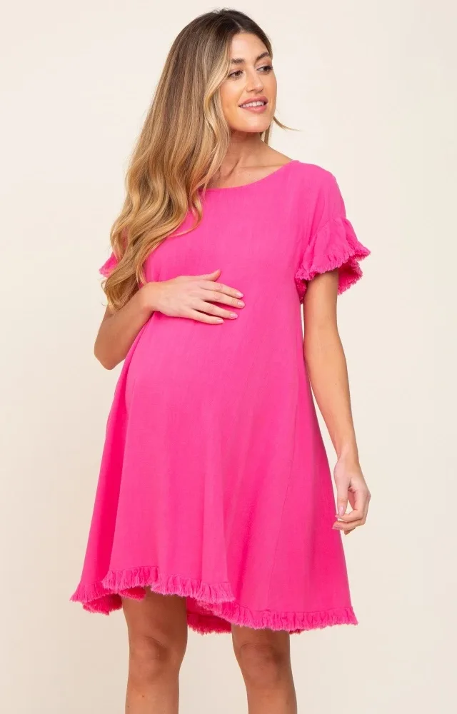 Fuchsia Fringe Linen Maternity Dress