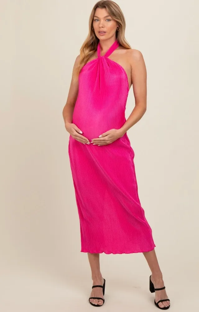 Fuchsia Knot Front Plisse Halter Maternity Midi Dress