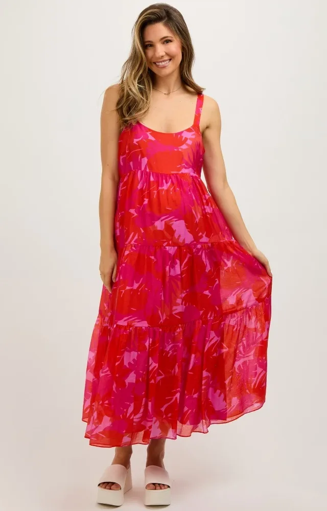 Fuchsia Leaf Print Sleeveless Tiered Maternity Dress