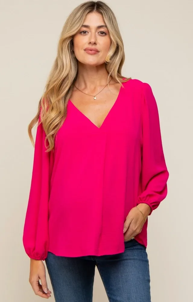 Fuchsia Long Puff Sleeve Maternity Blouse Top