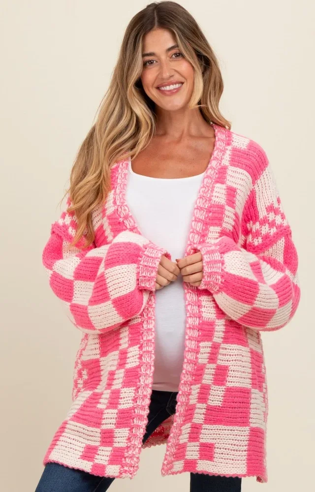 Fuchsia Mixed Check Pattern Chunky Maternity Cardigan