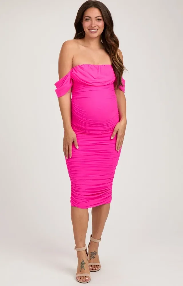 Fuchsia Off Shoulder Sleeveless Ruched Mesh Maternity Midi Dress