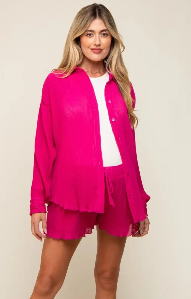 Fuchsia Pleated Long Sleeve Maternity Short Set